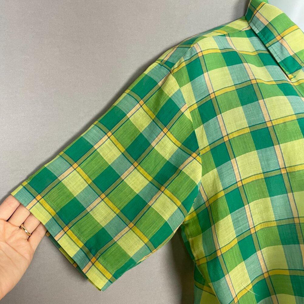 Vintage‎ Plaid Shirt DIY Crop Green Yellow FLAWS Lightweight Button-Up Crop Top - Picture 14 of 16